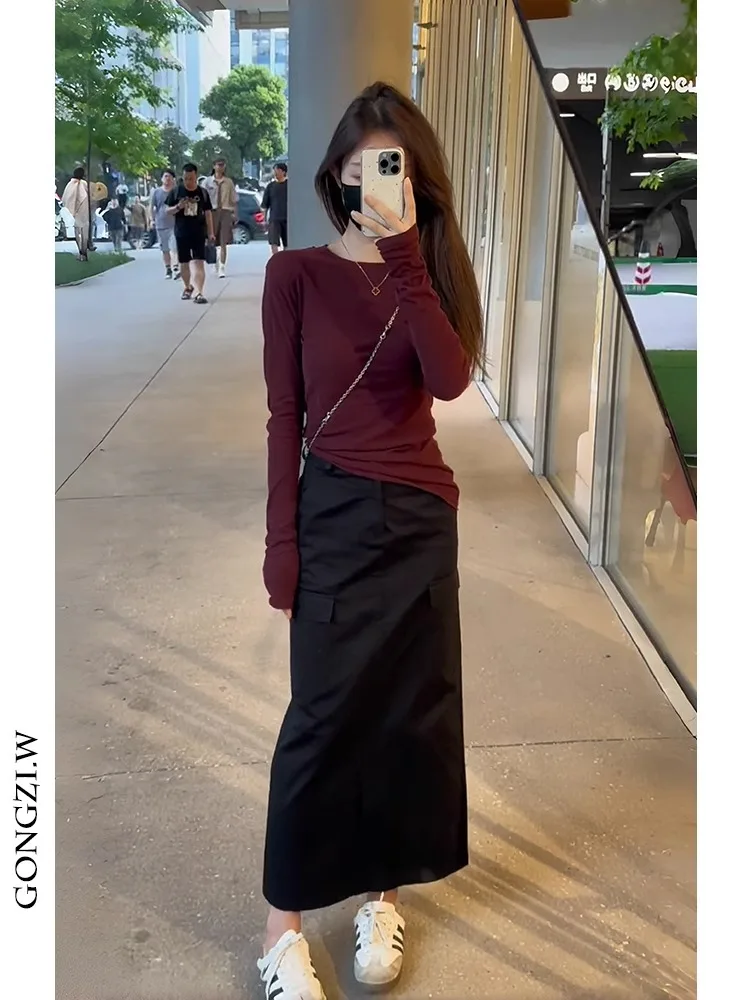 

Ранняя осень моя комплект, простая облегающая базовая футболка, женская узкая рабочая одежда с высокой талией, юбка, ансамбль