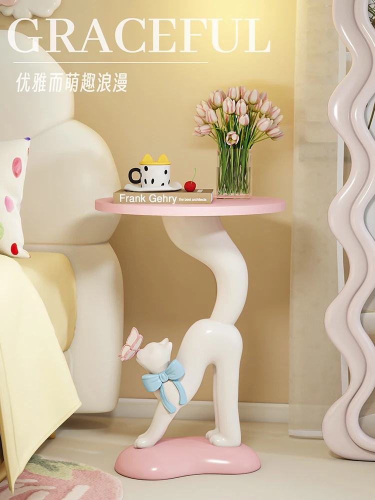 Home Decor Butterfly Elegant Cat Statue Side Table Living Room Cartoon Sculpture Storage Rack Pink Creative Art Shelf Nightstand