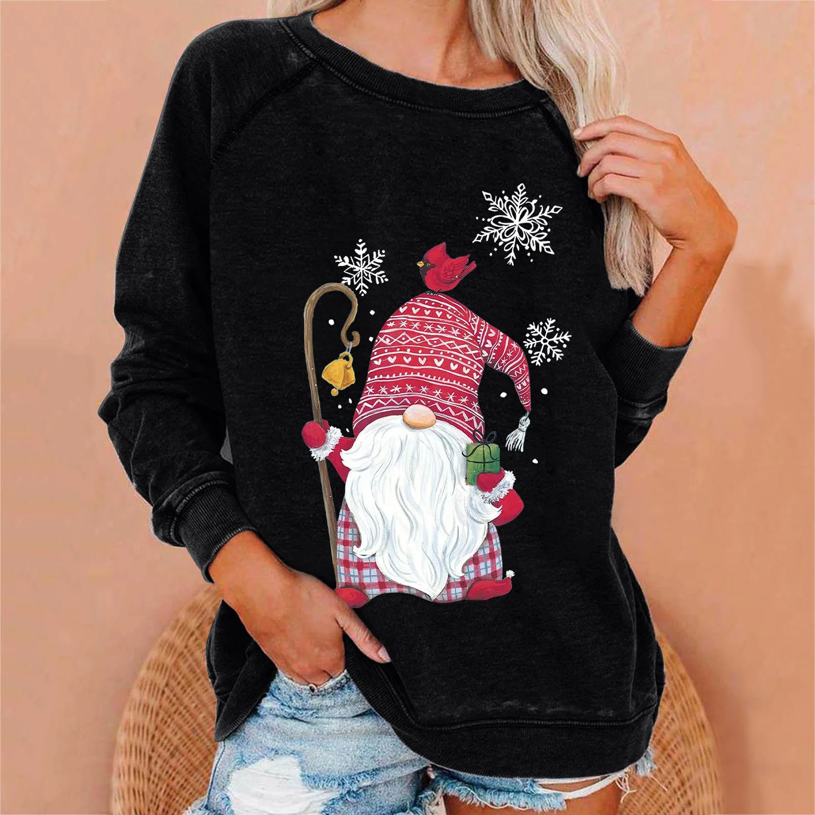 سانتا كلوز المرأة البلوز عادية سليم صالح كم طويل س الرقبة طباعة هوديي ندفة الثلج عيد الميلاد سترة البلوز القمصان #3