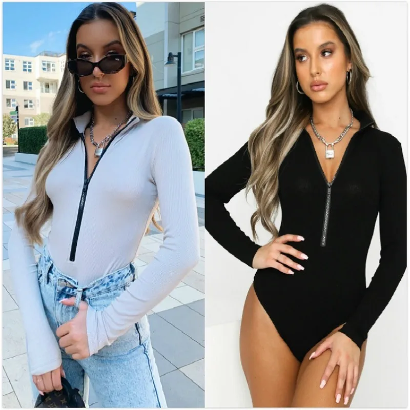 Women's Autumn 2024 Winter 2024 New Long-sleeved T Shirt Slim-fit Rompers Zipper Deep V-neck Jumpsuit Sexy Bodysuit Y2k Tops