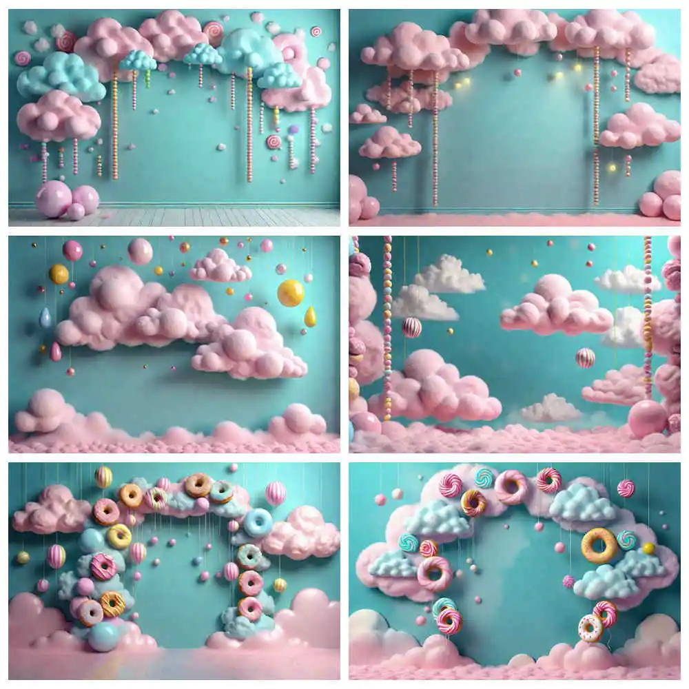 MOON.QG Fairy Candyland Birthday Backdrop Doughnut Cotton Candy Cloud Sky Background Party Decoration Photography Shooting Props