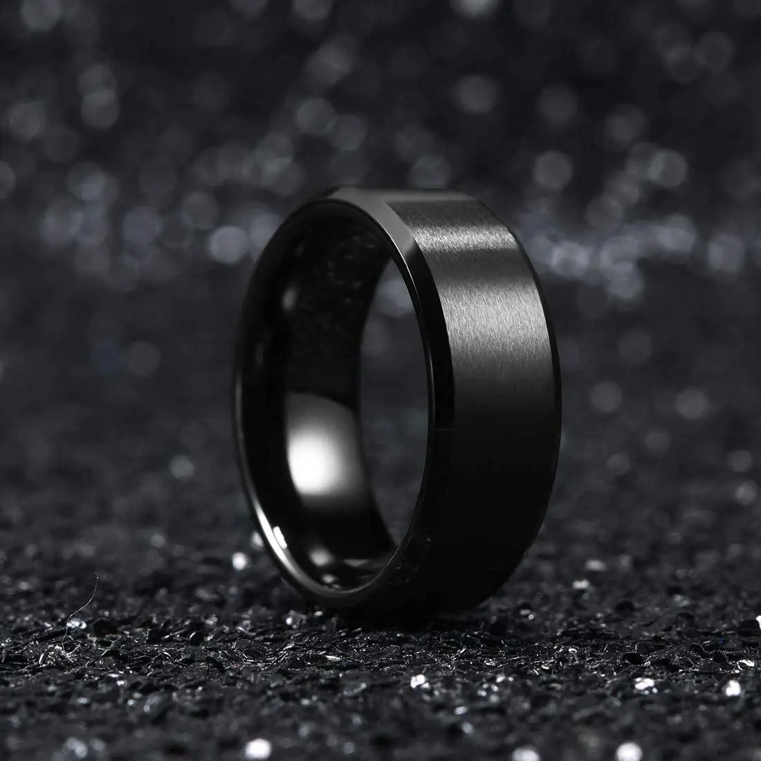 Trendy 8mm Matte Finish Black Tungsten Wedding Men Stainless Steel Rings Black Beveled Edge Carbon Fiber Rings Men Wedding Band