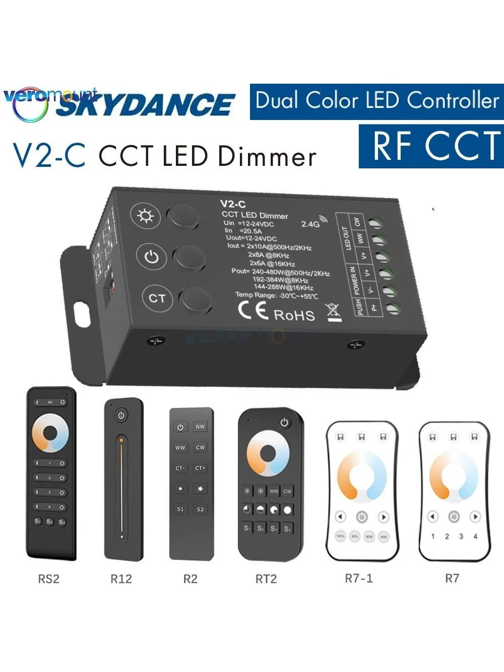 Skydance V2-C CCT LED-Controller 12 V 24 V 2CH Dual White Color 5050 2835 COB LED-Streifenlicht 2,4 G RF Wireless 12 24 Volt Dimmer