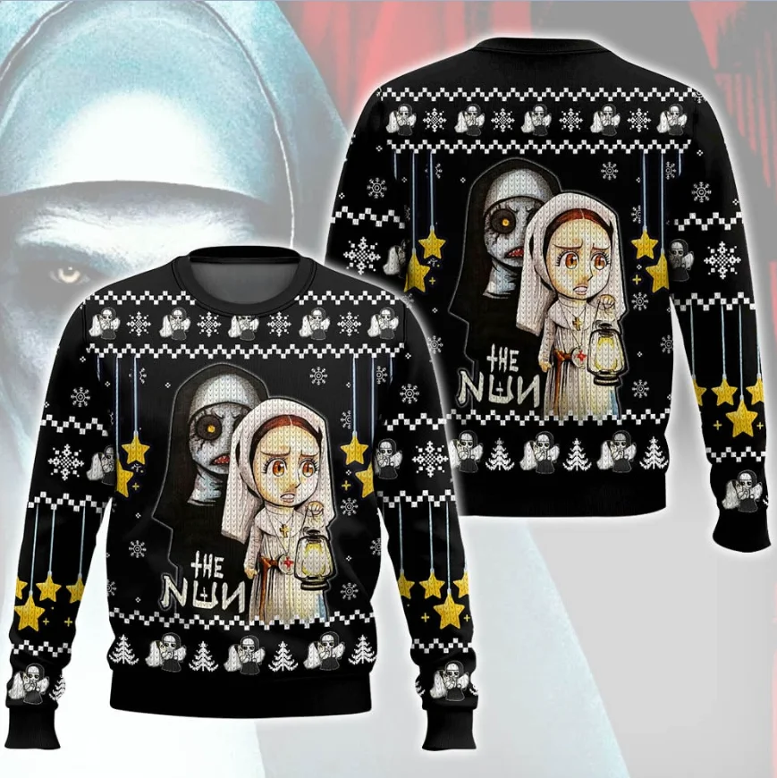 ملابس عيد الميلاد الداكنة لخريف وشتاء 2025: صورة راهبة مطبوعة ثلاثية الأبعاد للرجال والنساء بغطاء للرأس فضفاض برقبة دائرية #1