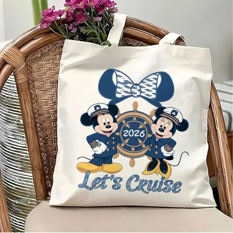 1pc Captain Mickey Minnie 2026 Cruise Print Reusable Canvas Tote Shopping Bag,suitable for daily use,shopping, school and travel