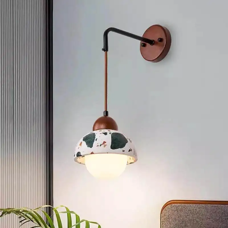 

Natural Colorful Stone Wall Lamp, Handmade Mosaic Stone Sconce Light for Bathroom Bedroom, Wood Top, Modern Decor Lighting