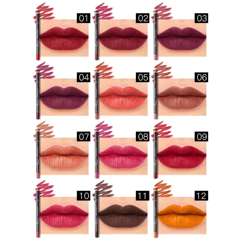 Wysokiej jakości nowy 12-częściowy zestaw szminek do ust Matte Velvet Lip Liner Pen Contour Makeup Sexy Red Lip Stick Długotrwałe kosmetyki