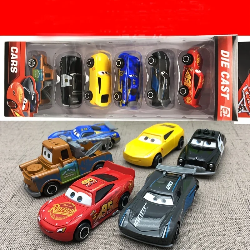 6pcs Disney Lightning McQueen Simulation Car Model Toy, Alloy Toy Car Gift Box, Sheriff's Board Teeth Racing Boy Birthday Gift