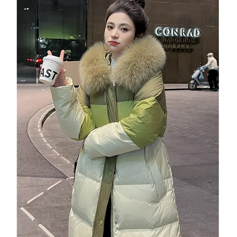 Women\'s Natural Fox collar down Jacket 2024 Winter New Casual Fashion White duck down Long Coat Female Thicken Parkas Overcoat