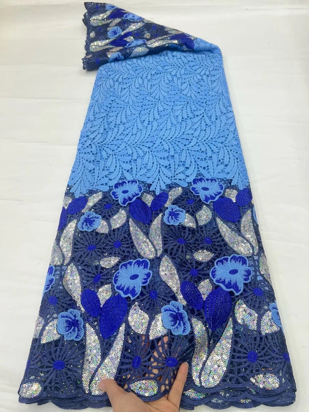 Two-Tone Blue Guipure Lace Fabric, Hollow Cutwork Floral Lace with Iridescent Sequins, Scalloped Edge for Wedding Evening Gown