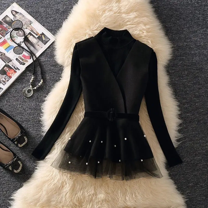 Women\'s Spring Autumn Winter Knitwear Suits Fashion Knitted Wrap Hip Skirt Black Bottom Sweater Pearl Mesh Vest Three Piece Set