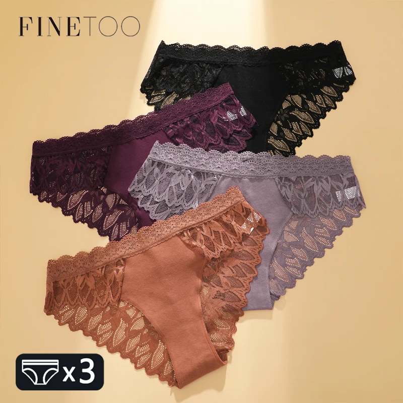 FINETOO 3Pcs Lace Hollow Out Underwear for Women Sexy Low-Waist Floral Briefs Female Invisible Breathable Lingerie Soft Intimate