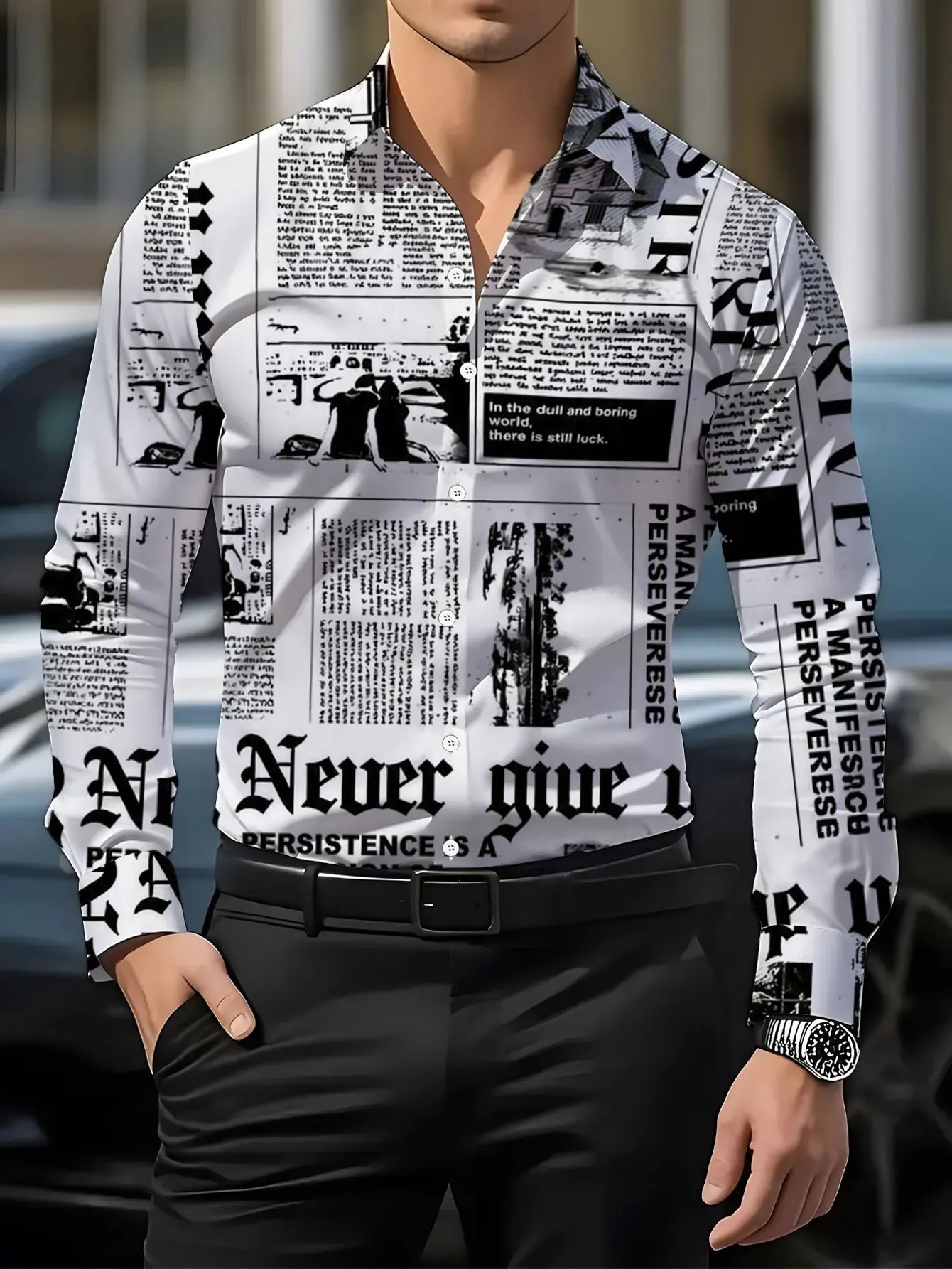 2026 Men Long Sleeve Shirt Vintage Newspaper Letter Print Button Down Casual Daily Holiday Party Slim Tops Men's Clothing