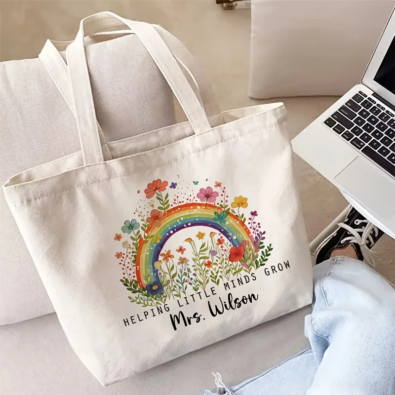 Personalized Teacher Rainbow Floral Canvas Tote Bag, Custom Name, Helping Little Minds Grow, Washable Daily Shoulder Bag