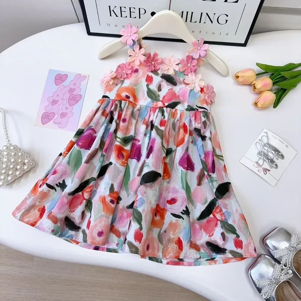 

Pink Korean Version Sweet Girl Princess Dress with 3D Flower Suspender Fashionable Printed Children's Casual Clothes Summer