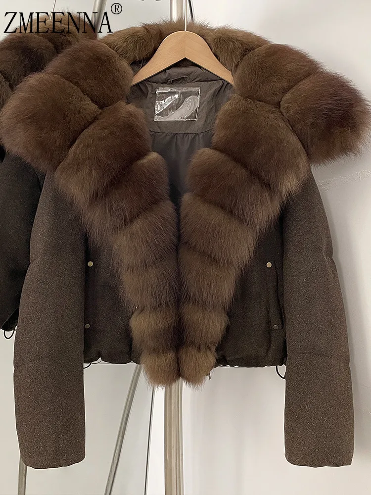 Damska krótka kurtka puchowa ZMEENNA z futrzanym kołnierzem, mieszanka wełny, luksusowa ciepła odzież wierzchnia, modna i szykowna, model ZM4314