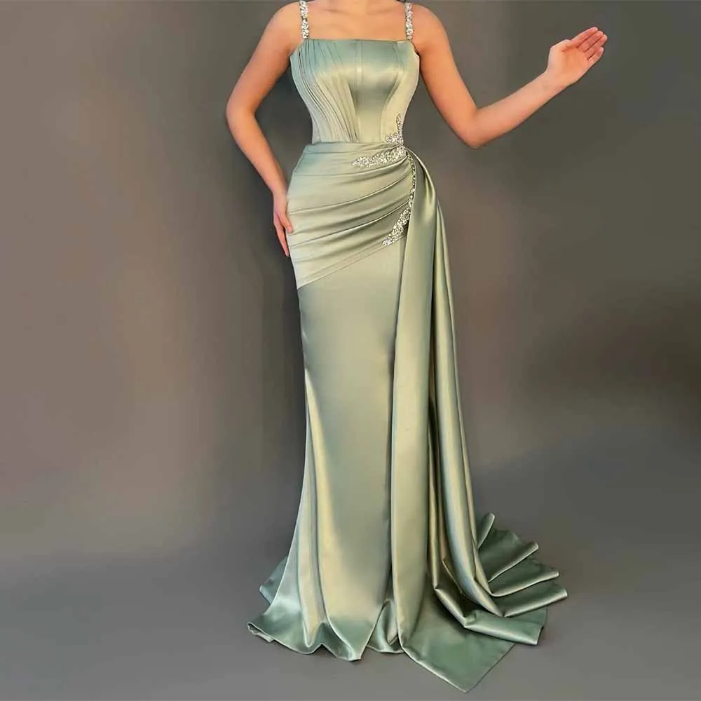 

Elegant Special Occasion Dresses 2025 Satin Sheath/Column Celebrity Dress Green Spaghetti Strap Rhinestones Draped Evening Dress