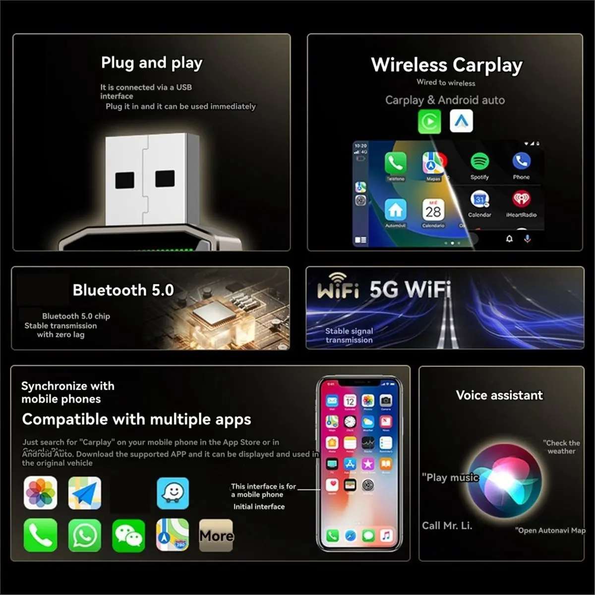 

2 в 1 Smart AI Box Беспроводной адаптер Carplay Android Auto/Carplay USB-ключ Проводной Carplay на беспроводе