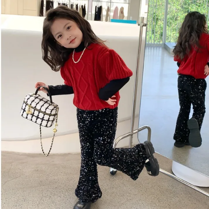 Girls' Autumn Velvet Pants Children's Flared Pants Baby Sweet Sequin Casual Pants Fashion