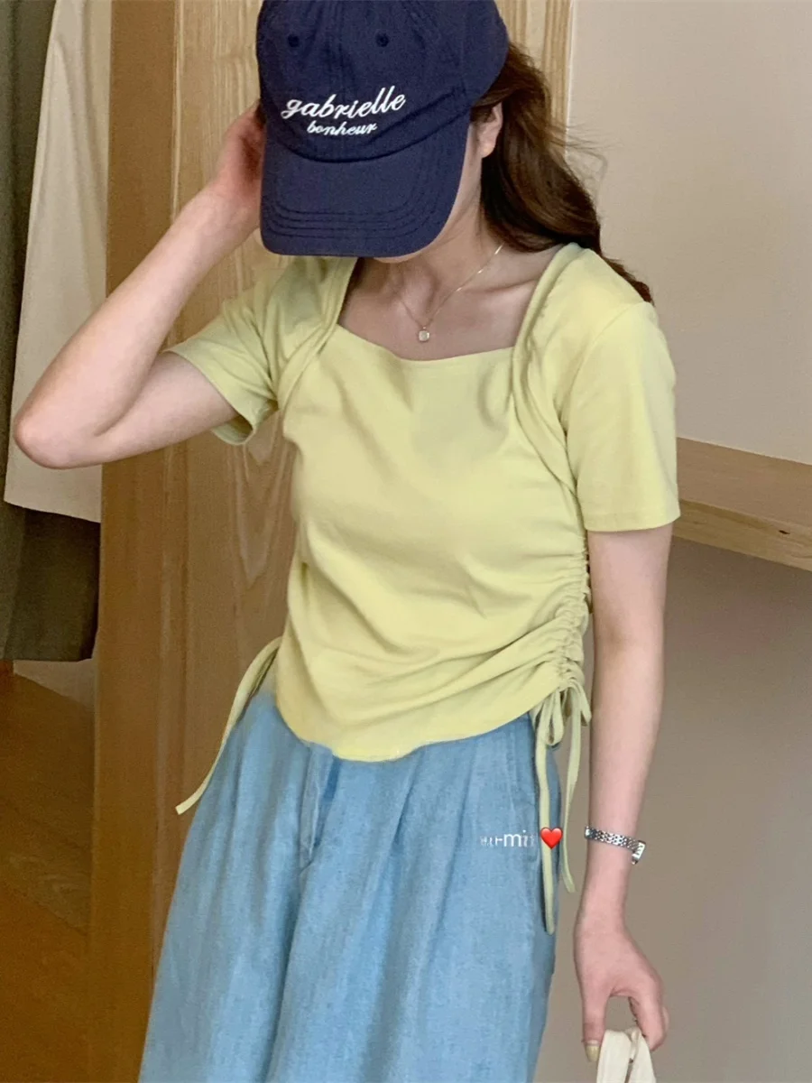 เสื้อยืดผู้หญิง แขนยาว ผูกโบว์ สีพื้น เรียบง่าย สไตล์ลำลอง สำหรับฤดูร้อน คอกลม ความยาวอื่นๆ 00%