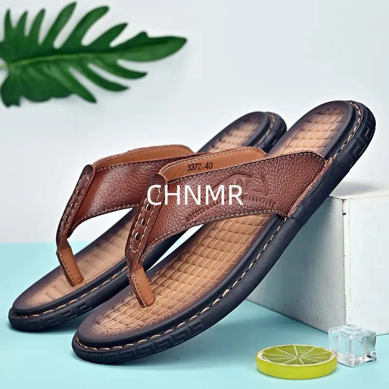 New Slippers for Man Outdoor Korean Summer Trendy Men\'s Flip Flops Beach Casual Fashion  Bathroom Flats Genuine Leather Shoes