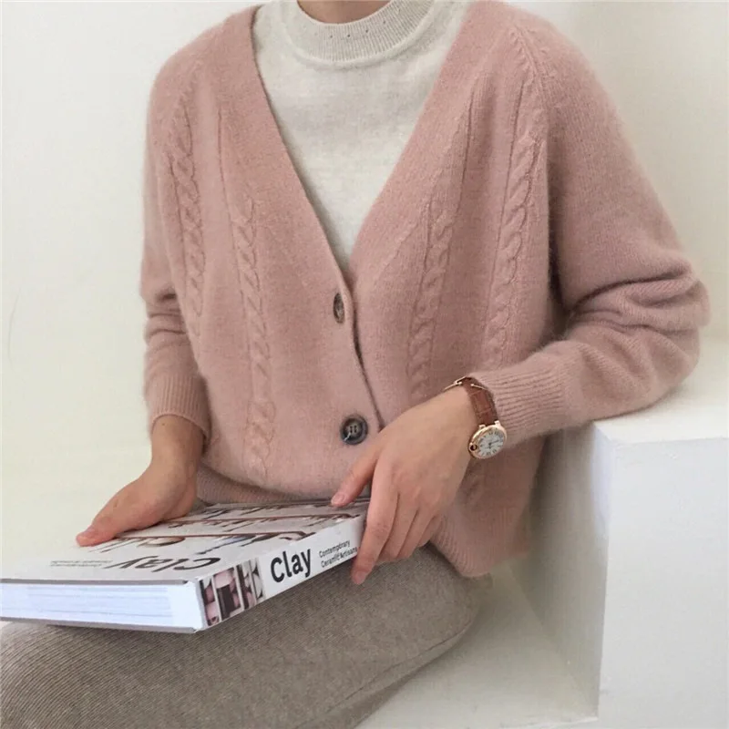 2021 Winter Women Loose Oversize Short Cardigan Sweet Knitted Jacket Coat Casual Thin Lazy Style Sweaters Coat Woman Pink Beige