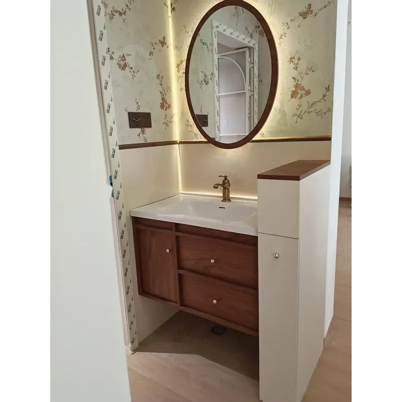 for Medieval Style Bathroom Cabinet with Ceramic Integrated Basin Small Apartment Half Wall Washstand with Pull Basket