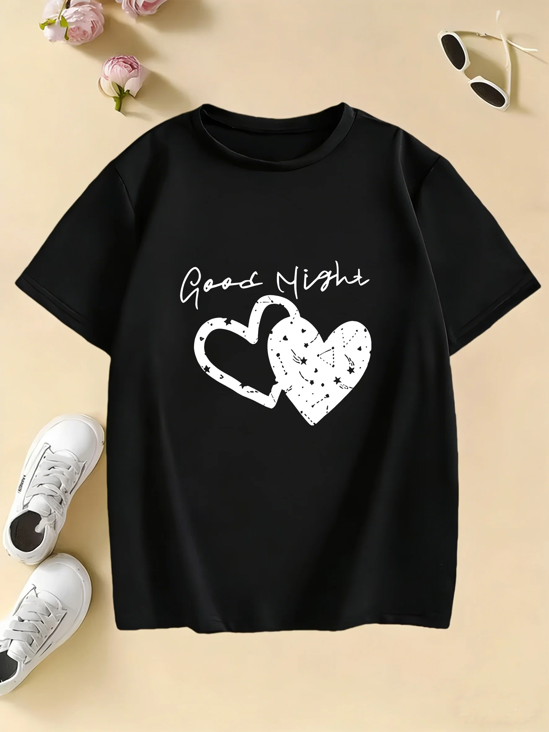 Children's T-shirt Good Night with Love Heart T Shirts Short Sleeve Kids Boys Girls Summer Graphic Casual Top Tee Shirt