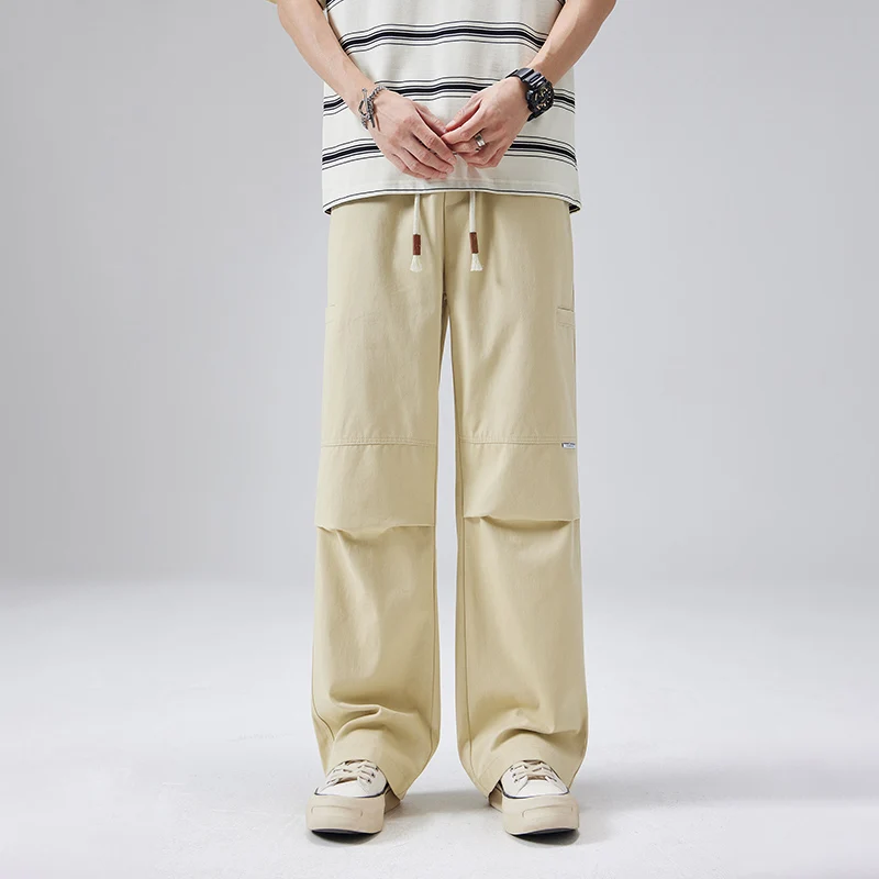 

Новые модные мужские брюки из чистого хлопка с широкими штанинами, весна-осень, американский прямой крой, повседневные длинные брюки, универсальные штаны 2025 года