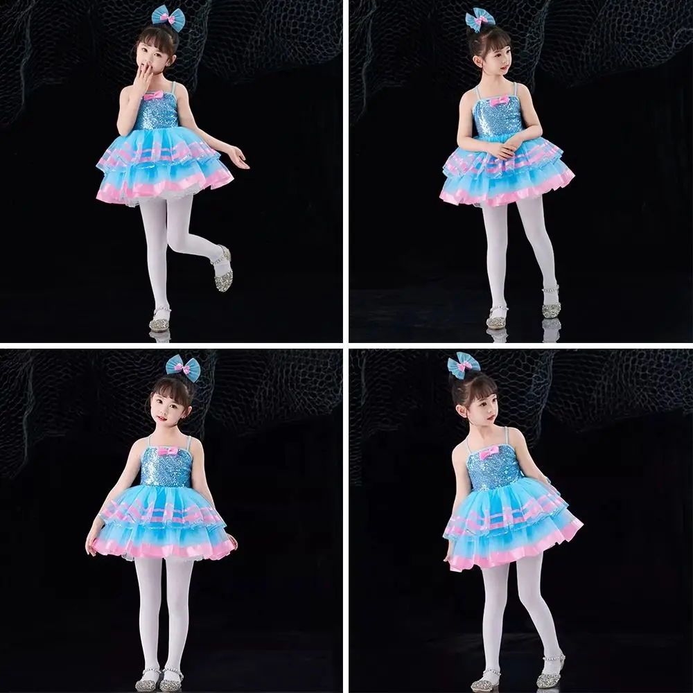 Sequins Girls Stage Dance Costumes with Headwear Romantic Children Dance Dress Dance Suit Modern Dance Performance Costume Kids