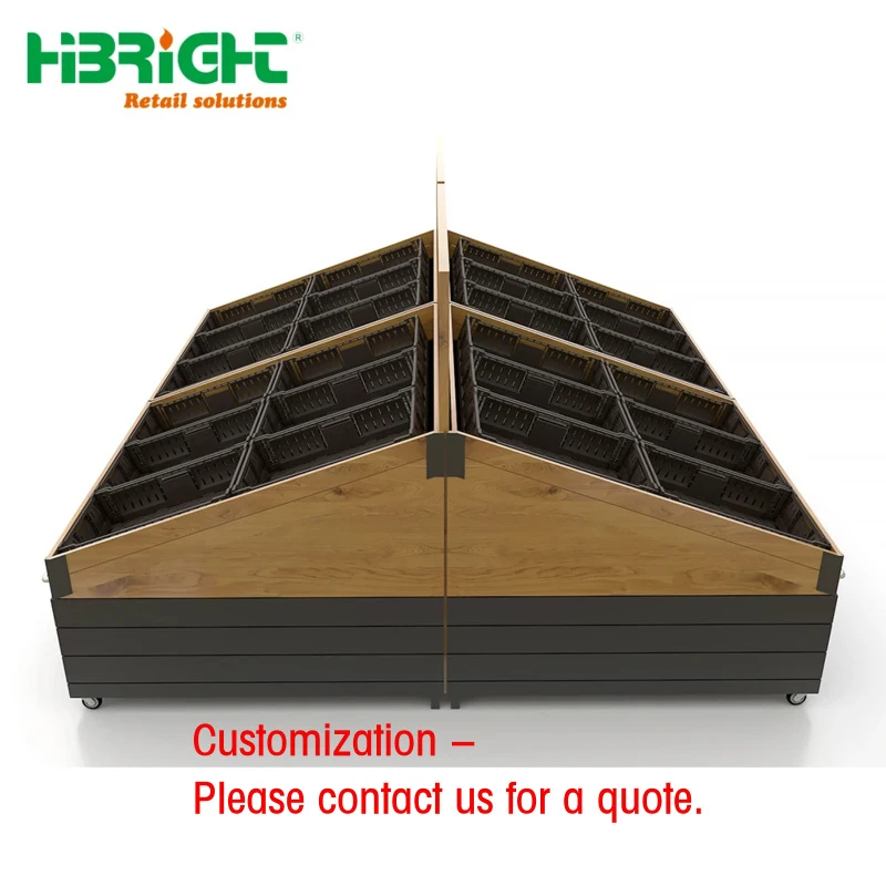 custom.Highbright Hot Selling Wood Customized Basket Supermarket Wheel Vegetable Display Rack