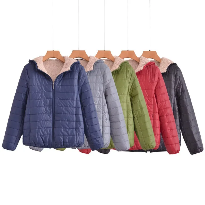 

Autumn Winter New Style Women's Pure Color Zipper Pocket Long Sleeve Lamb Fur Cotton Jacket Street Trend Comfort Casual