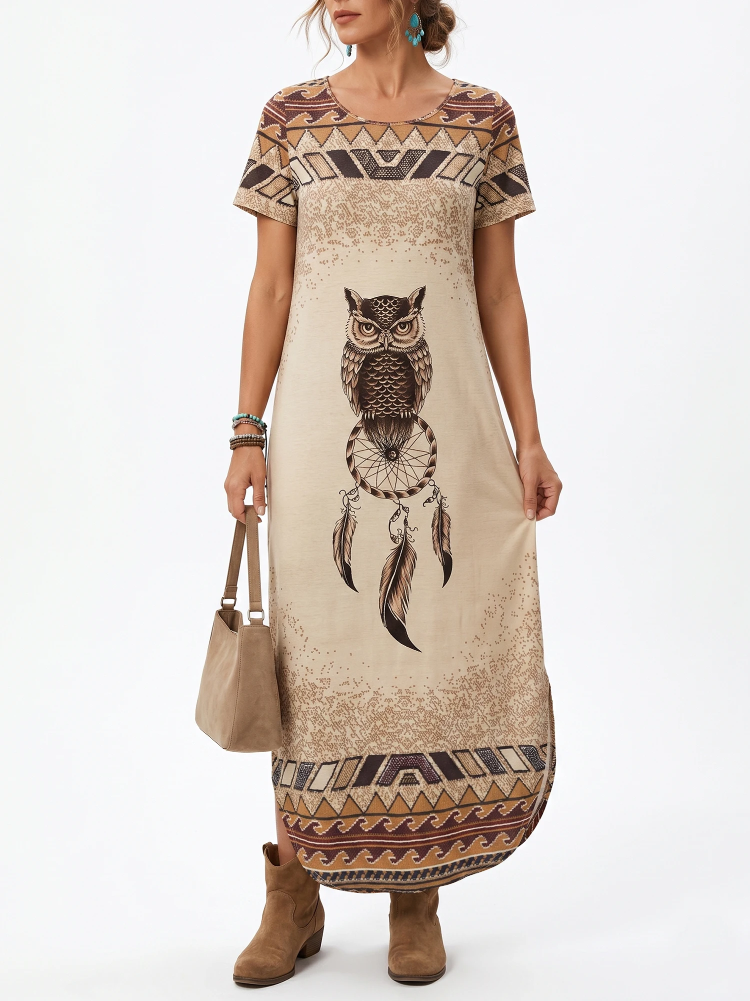 

Women's Ethnic-Style Printed Short-Sleeve Dress — Casual V-Neck Maxi Dress — Vintage-Style Printed Long Dress