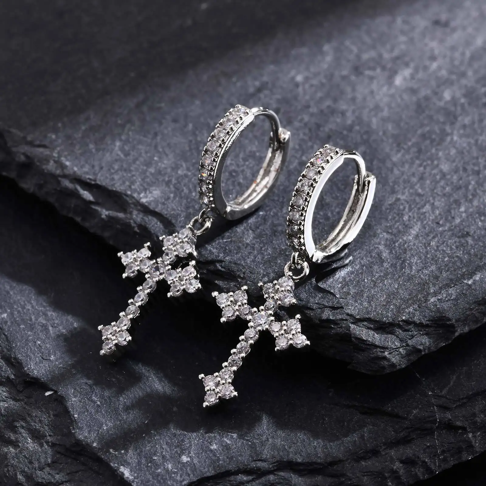 Full Cubic Zirconia Stones Cross Earrings Men Women,sparking Rhinestones Cross Dangle Earrings Gothic Punk Jewelry Gift