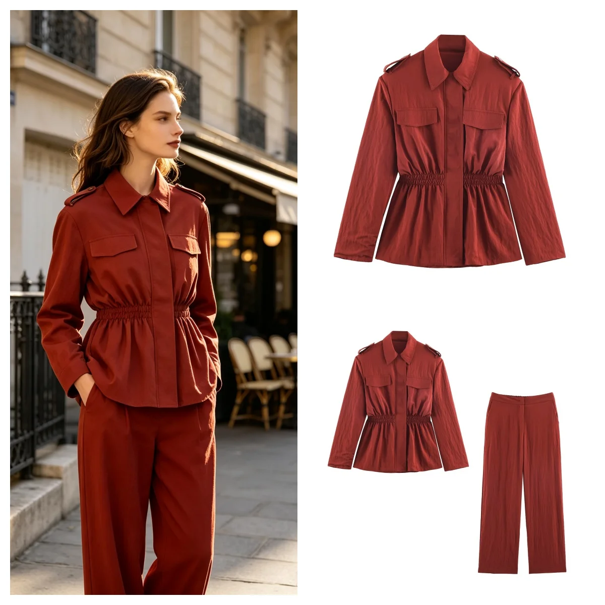 Women's High Waist Pants Set 2 Pieces Set New 2026 Shoulder Pad Jacket With Elastic Hem Wide-Leg Trousers Female Outfit