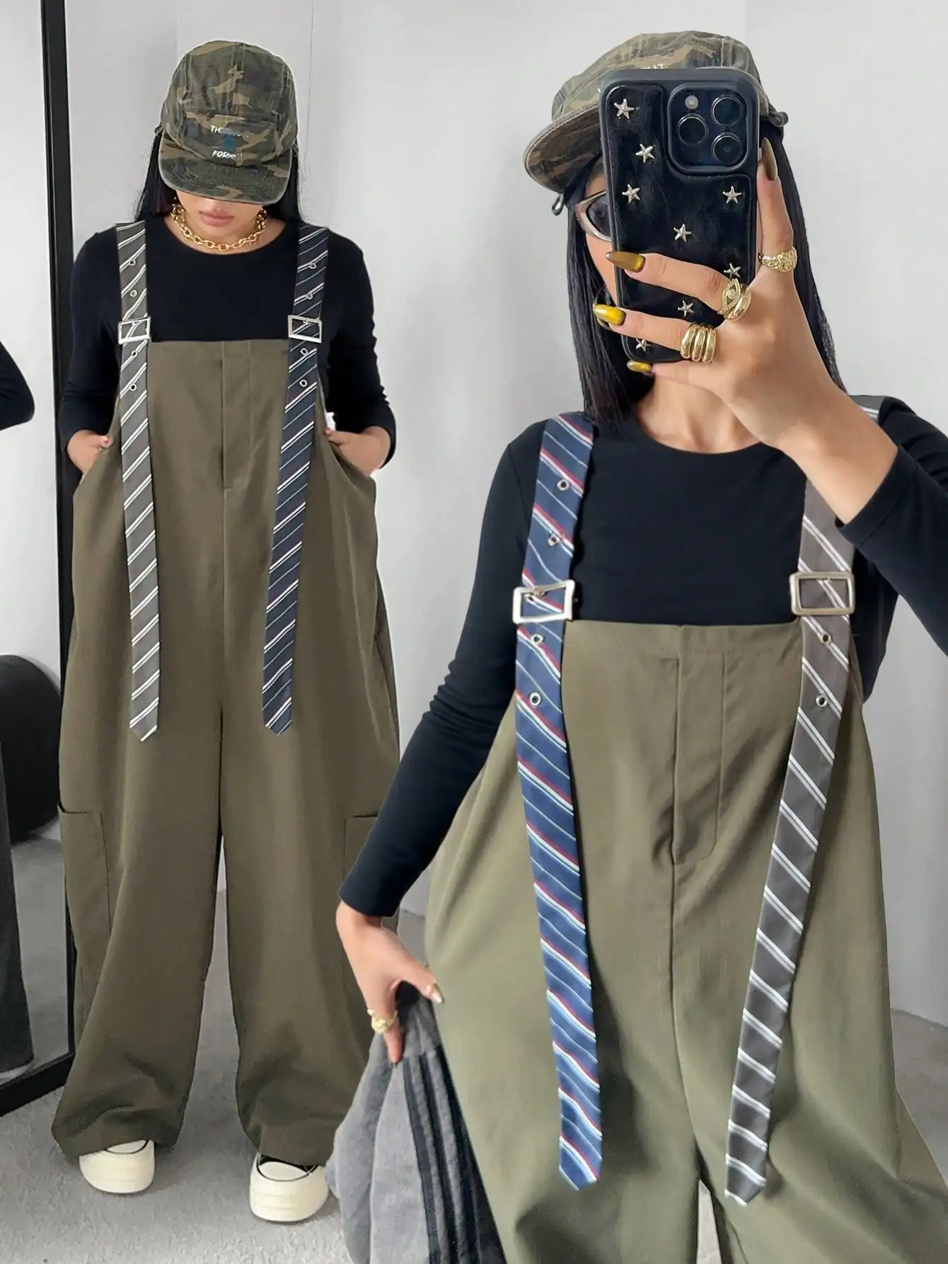 

Женский комбинезон больших размеров оливкового цвета с полосатыми бретелями, свободный крой, повседневная уличная одежда для осени и зимы