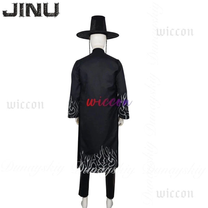 Kpop demon hunters filme jinu cosplay saja meninos com roupões pretos e traje de canto e mesma peruca preta cosplay traje conjunto completo