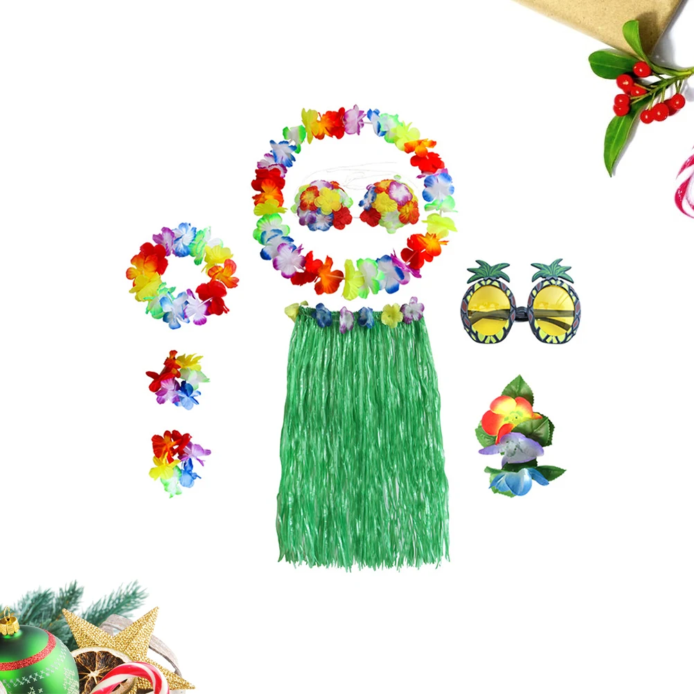 

8pcs Hawaiian Costume Set Tropical Grass Dance Colorful Bracelets Headband Bra Hair Clip Glasses 60Cm Green Skirt For Party