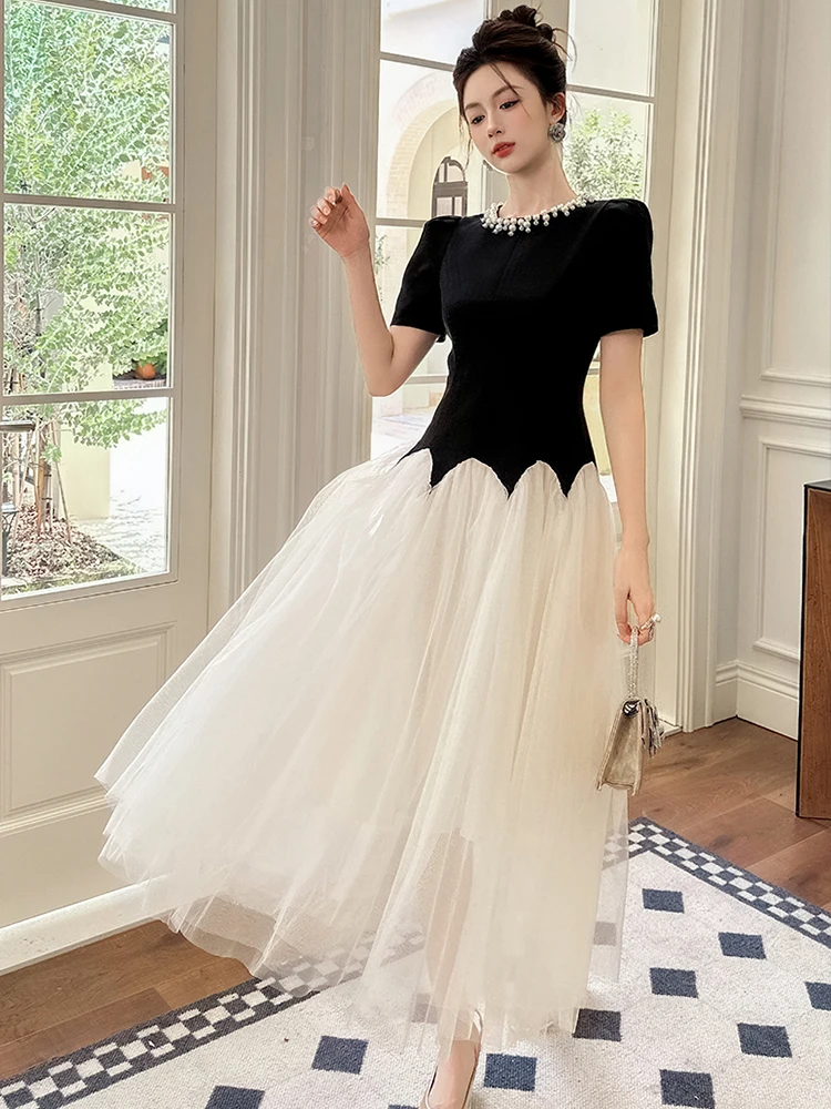 매력적인 우아한 흑백 이브닝 드레스 여성 진주 네크라인 시어 튤 가운 칵테일 파티 드레스 갈라스 사회 행사