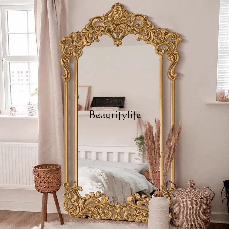 

European solid wood carving flower full body mirror French light luxury floor full-length mirror
