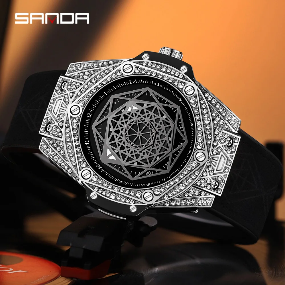 Sanda Cool Fashion Men\'s Watch New 7033 Men\'s Diamond Inlaid Geometric Dial Glow Waterproof Men\'s Creative Quartz Watch 2023