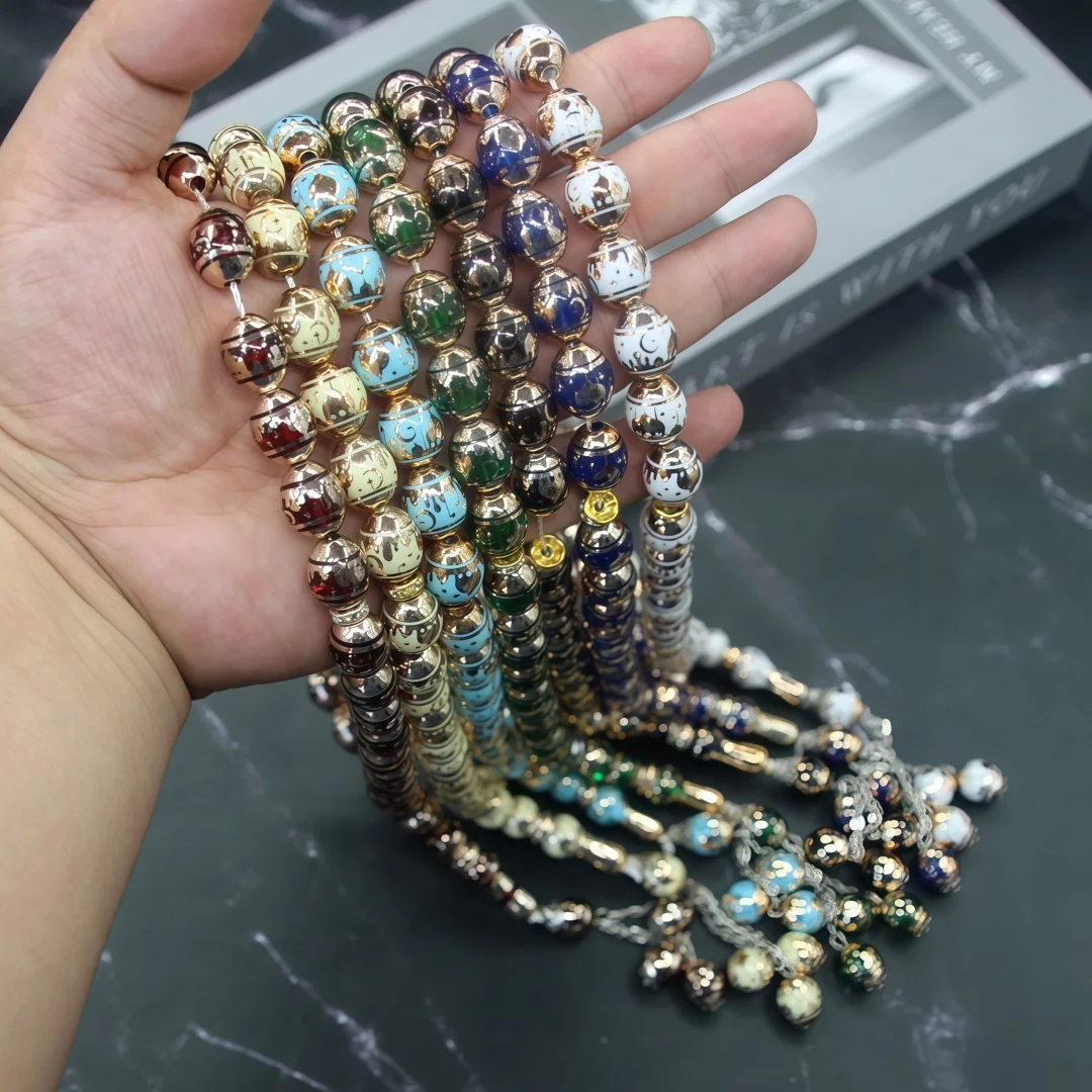 12mm large solid round bead elastic short prayer counting hand mala, 33 beads total, laser engraved mosque pattern on resin