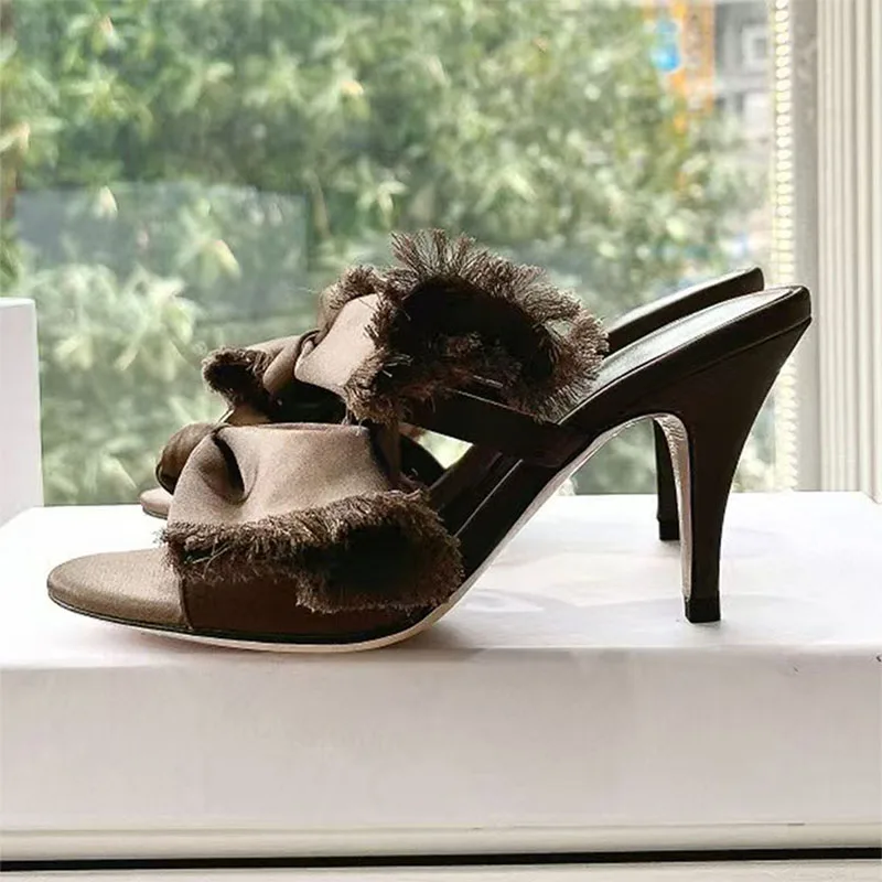 

Summer High Heels Slippers Woman Satin Butterfly-knot Party Dress Shoes Woman Black Coffee Slides Thin Heels Sandals Women