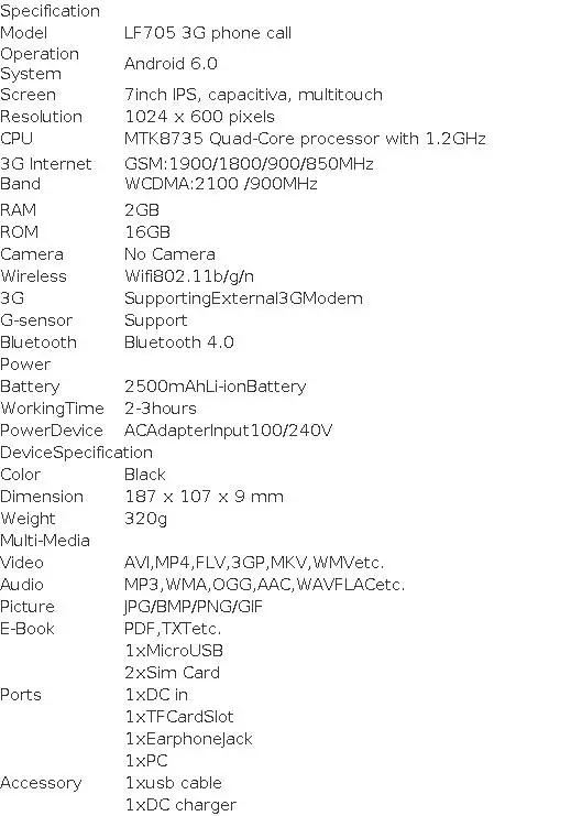 LF705 3G Phone Call 7'' Android 6.0 Tablet PC Quad Core 2GB RAM 16GB ROM MTK8735 1024 X 600 Pixels 2 X Sim Card