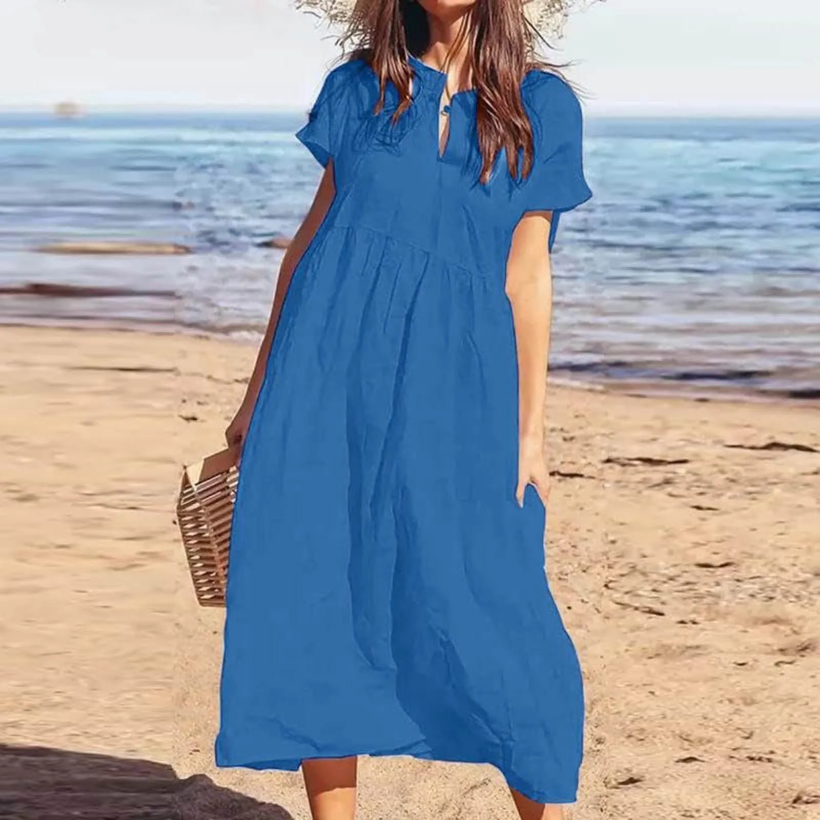 

A Line Sundresses for Women Women's Solid Color V Neck Short Sleeve Loose Casual Long Dress Womens Lavender Dresses