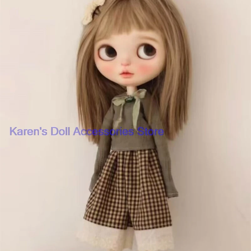 

2026 2pcs classic style Vintage green top+brown checkered pants for landoudou/Blythe(Fit for Lulu,ymy24,Ob22,24,26,zone, Jenny)