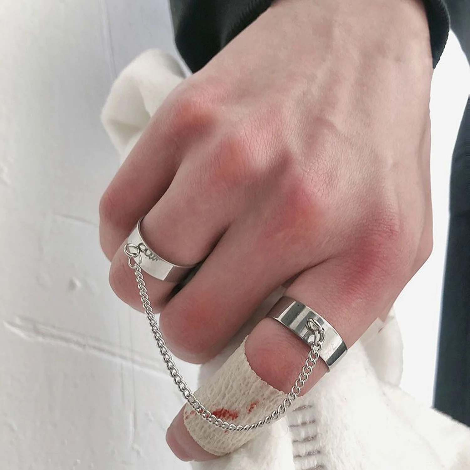 1/2pcs Double Ring Silver Color Chain Wrist Rings For Women Men Charm Hip Hop Chain Open Rings Set Couple Fashion Jewelry