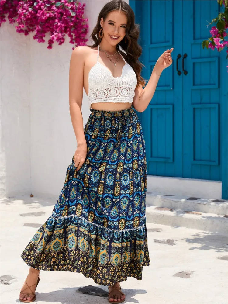 Spring Summer Long Skirts For Women Elegant Casual Print Boho A-Line Floral Skirt Beach Faldas Vintage Holiday Maxi Streetwear