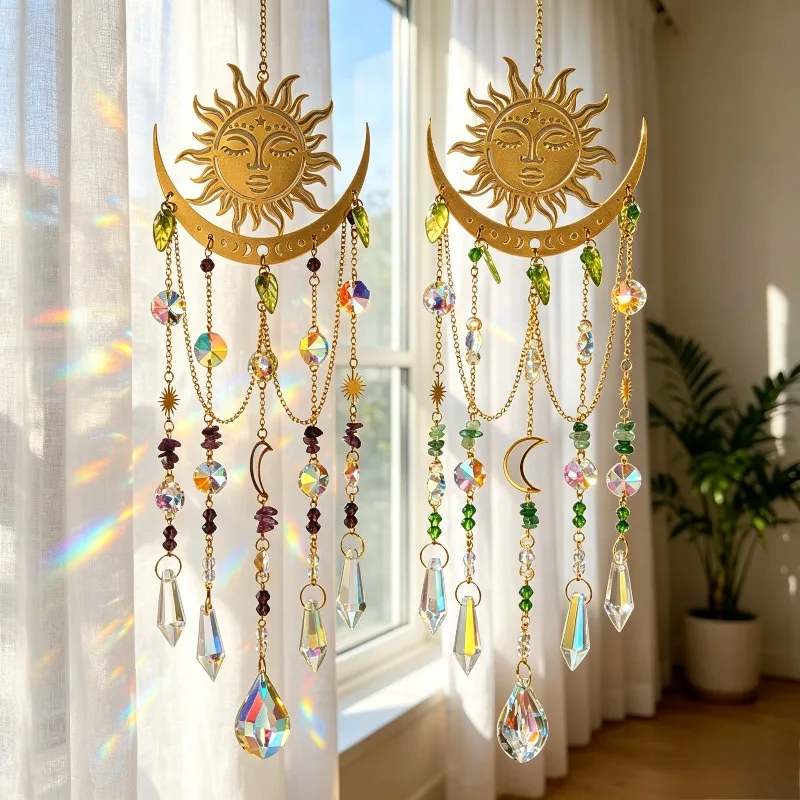 1PCSNatural Amethyst Citrine Sun Moon Geometric Circle Wind Chime Crystal Suncatcher Home Garden Window Hanging Light Decor