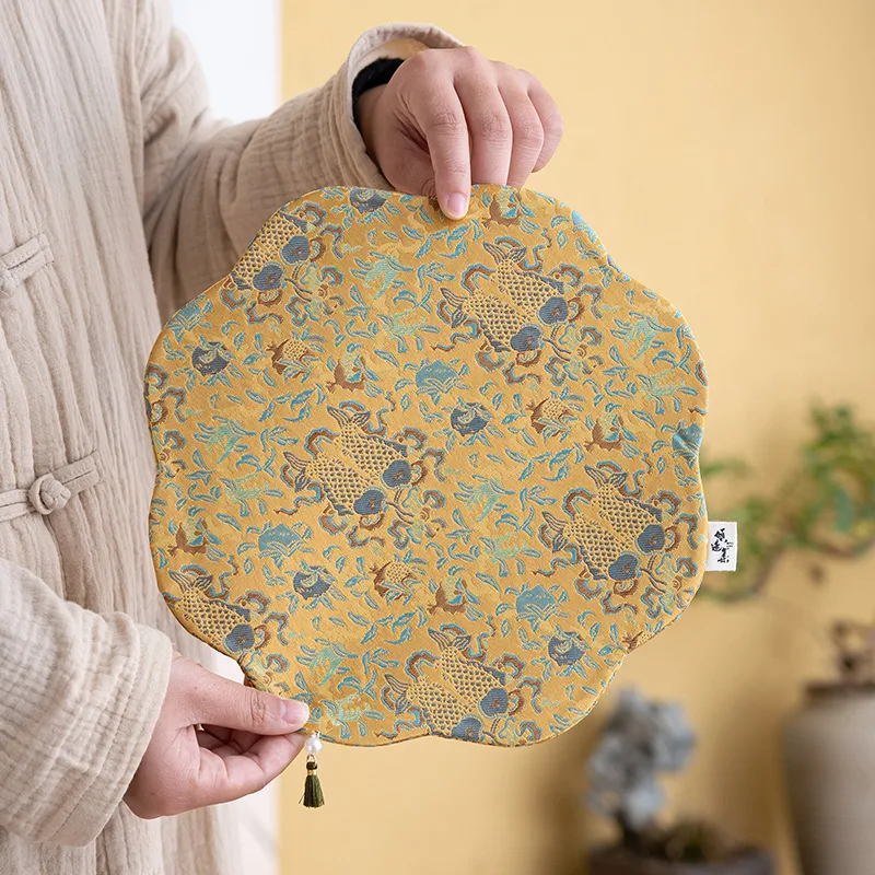 Chinese Style Woven Brocade Tea Mat Floating Light Gold Dry Zen style Tea Ceremony Light Luxury Handmade Double-sided Teapot Pad